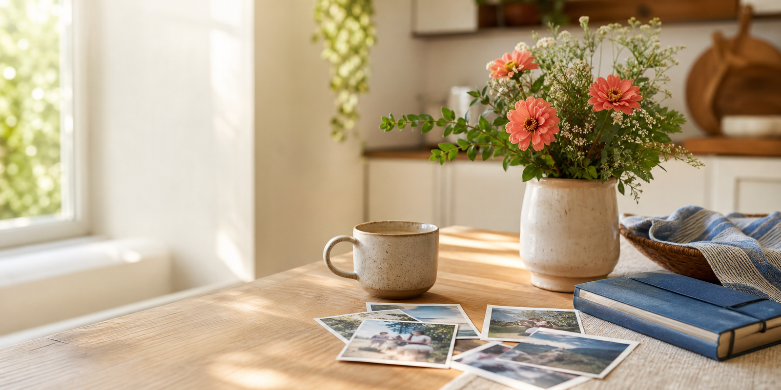 A sunny kitchen table with flowers, photos, and a notebook